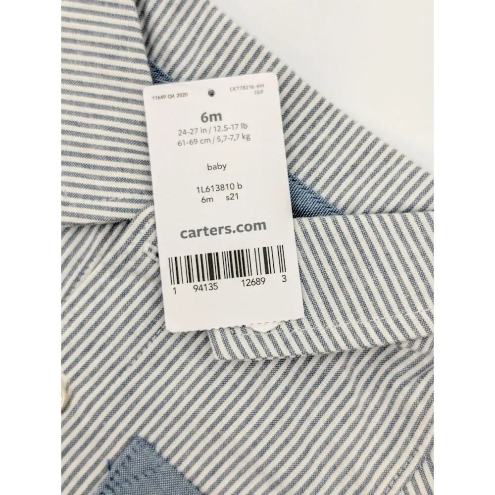 Carters Baby Boy Romper 6M Blue White Striped Oxford 100% Cotton Spring Easter